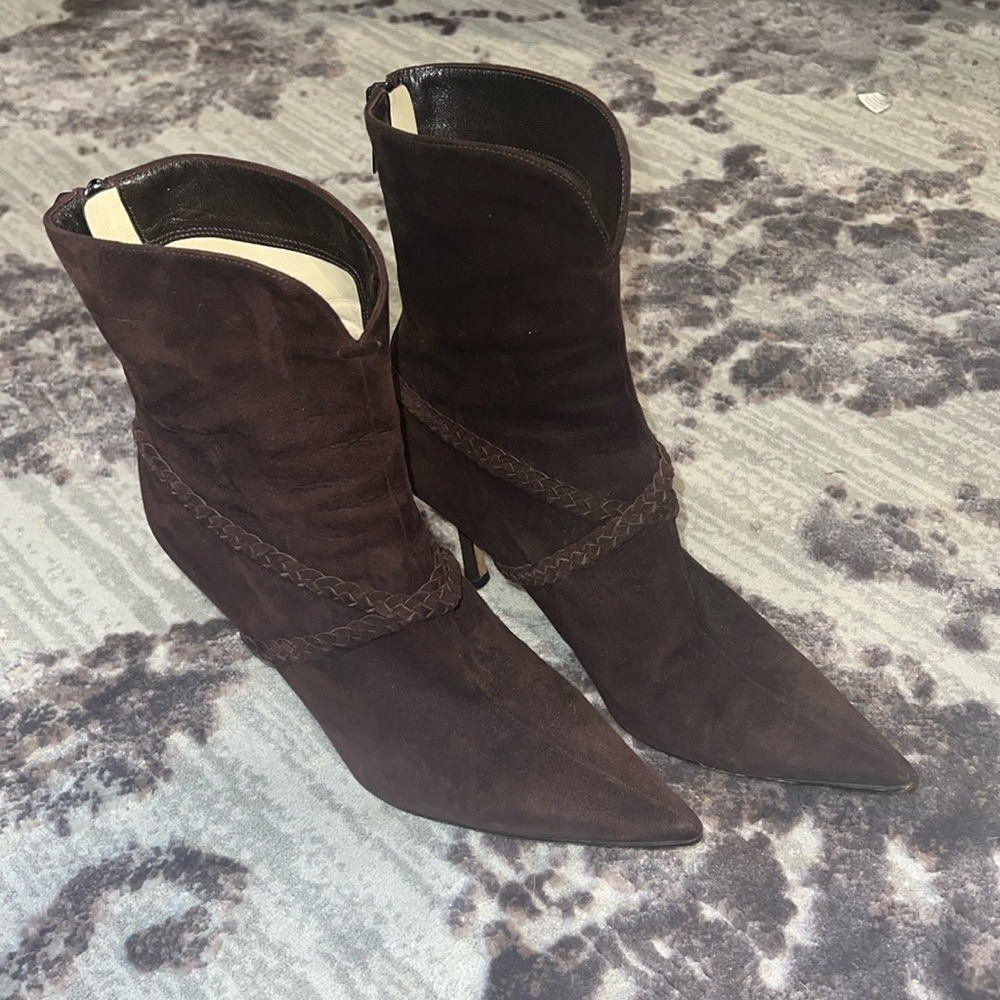 Jimmy chop brown suede braided booties